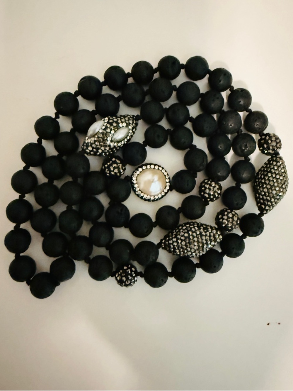 Black Stone Beaded Necklace Pavé Crystal Accents Long - Picture 5 of 5